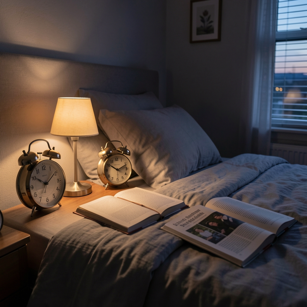 Dimly lit bedroom at dusk with a small lamp casting warm light over a bedside journal, clocks, and a half-read paperback