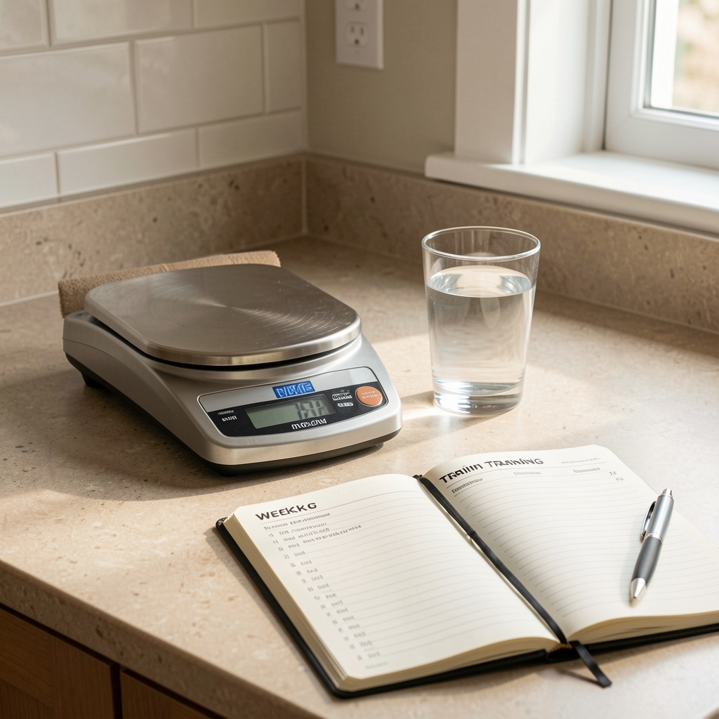 Morning kitchen counter with a precision food scale, a glass of water, and a training journal open to a weekly log page