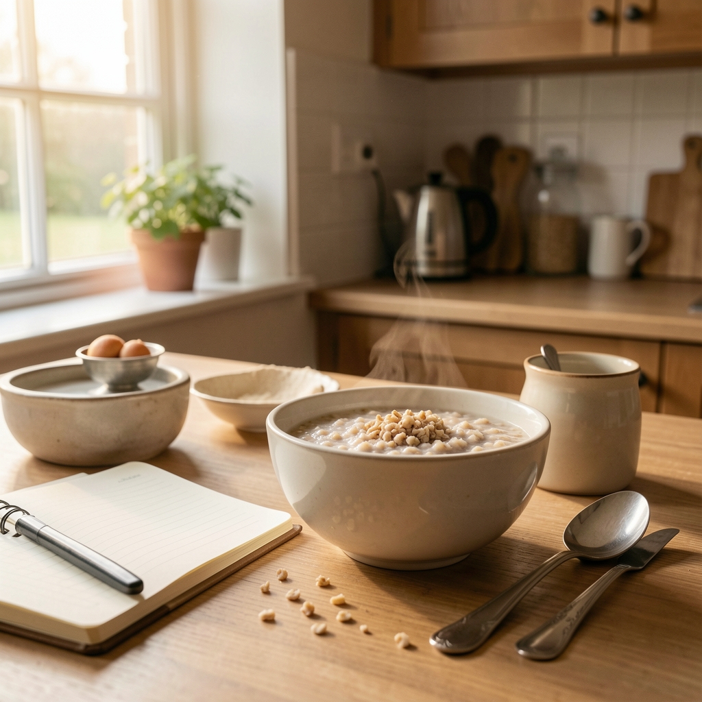 Early morning breakfast preparation scene with a bowl of whole-grain porridge, a notebook, and soft light coming through a kitchen window