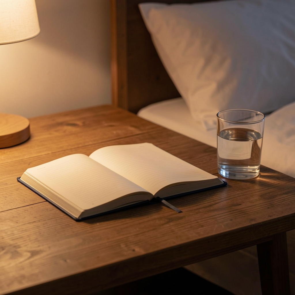 Open training journal on a wooden desk beside a glass of water, dim warm evening light, minimal bedside setting